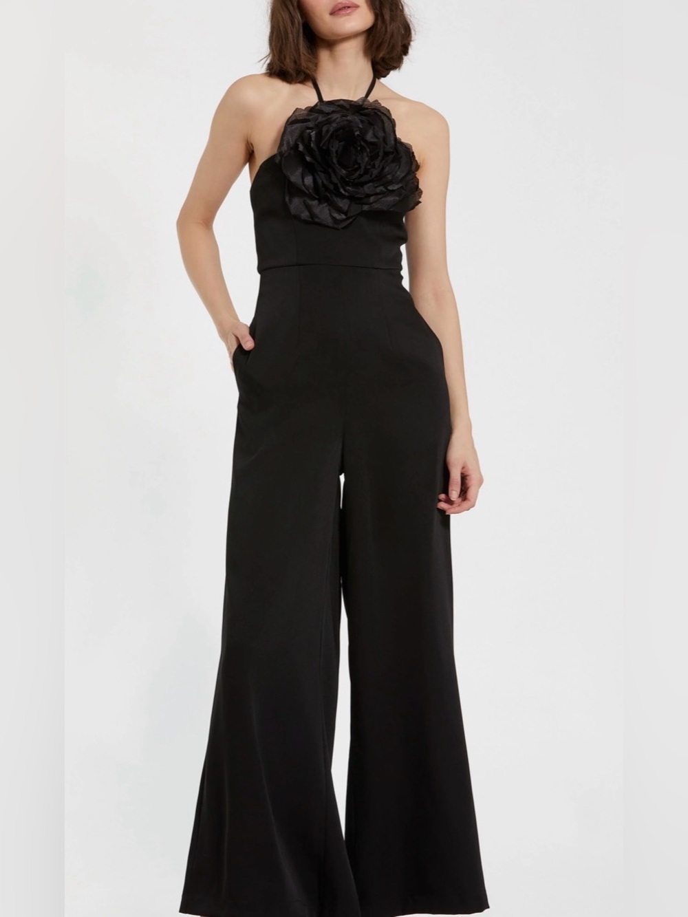 Mac Duggal Black 3D Flower Halter Wide-Leg Jumpsuit Size 6 NWT